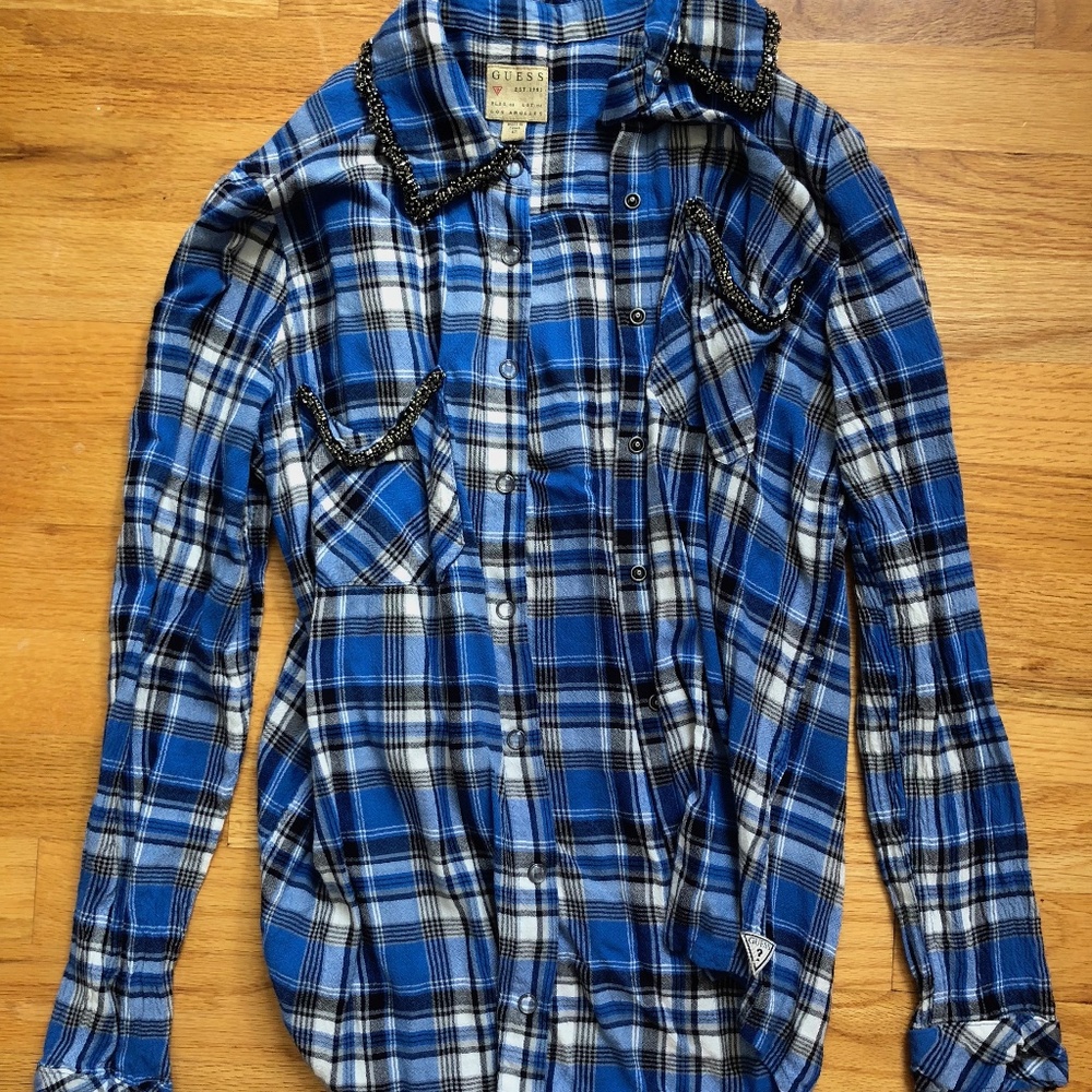Guess LA Collection beaded plaid button down